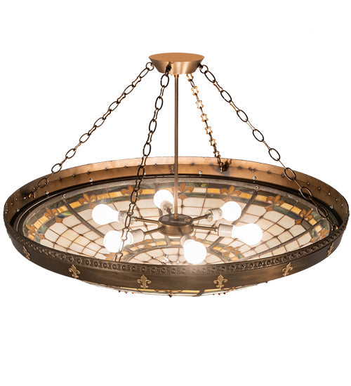 Meyda Lighting Fleur-de-Lite 38" 6-Light Antique Copper & Gold Metallic Semi-flush Mount Ceiling Light With Multi-Colored Shade Glass
