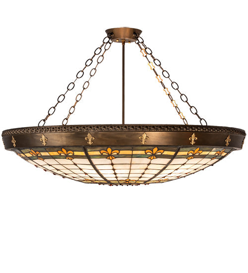 Meyda Lighting Fleur-de-Lite 38" 6-Light Antique Copper & Gold Metallic Semi-flush Mount Ceiling Light With Multi-Colored Shade Glass