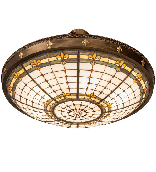 Meyda Lighting Fleur-de-Lite 38" 6-Light Antique Copper & Gold Metallic Semi-flush Mount Ceiling Light With Multi-Colored Shade Glass
