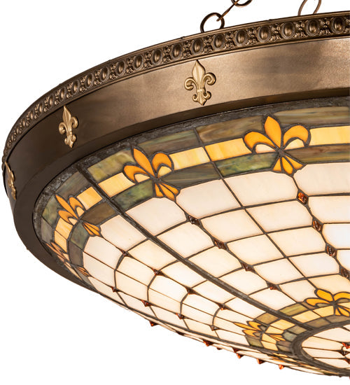 Meyda Lighting Fleur-de-Lite 38" 6-Light Antique Copper & Gold Metallic Semi-flush Mount Ceiling Light With Multi-Colored Shade Glass