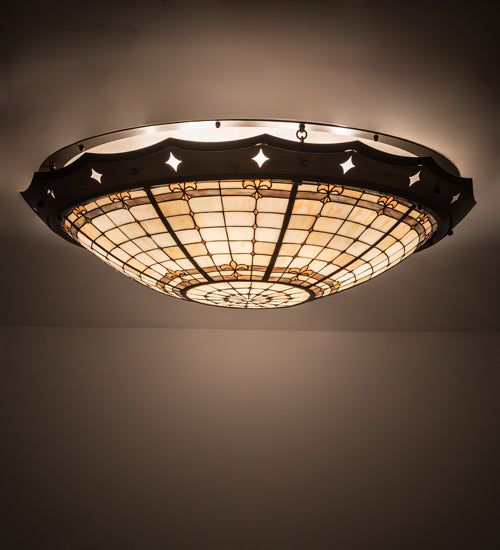 Meyda Lighting Fleur-de-Lite 42" 8-Light Mahogany Bronze Flush Mount Light With Beige & Brown Shade Glass