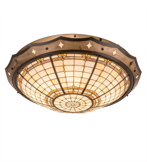 Meyda Lighting Fleur-de-Lite 42" 8-Light Mahogany Bronze Flush Mount Light With Beige & Brown Shade Glass