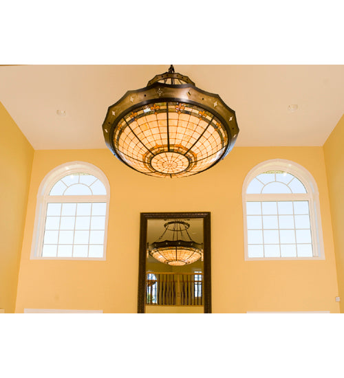 Meyda Lighting Fleur-de-Lite 43" 8-Light Timeless Bronze Inverted Pendant Light With Multi-Colored Shade Glass