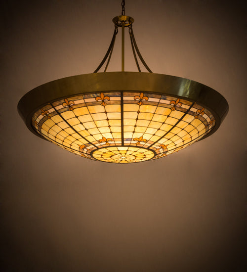 Meyda Lighting Fleur-de-Lite 54" 10-Light Transparent Brass Inverted Pendant Light With Multi-Colored Shade Glass