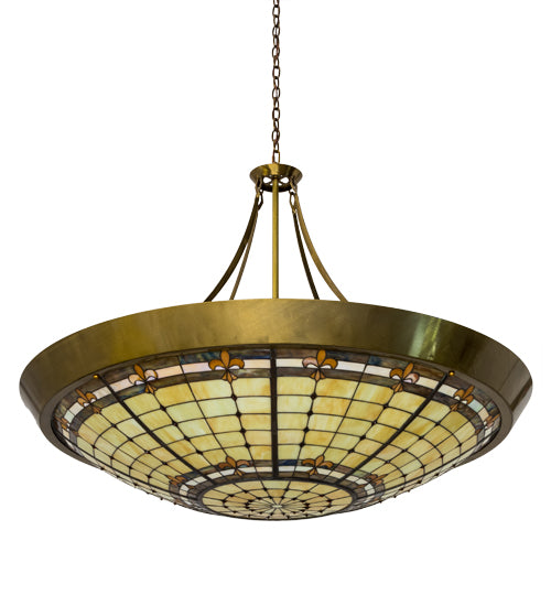 Meyda Lighting Fleur-de-Lite 54" 10-Light Transparent Brass Inverted Pendant Light With Multi-Colored Shade Glass