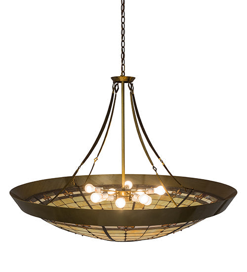 Meyda Lighting Fleur-de-Lite 54" 10-Light Transparent Brass Inverted Pendant Light With Multi-Colored Shade Glass
