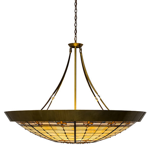 Meyda Lighting Fleur-de-Lite 54" 10-Light Transparent Brass Inverted Pendant Light With Multi-Colored Shade Glass