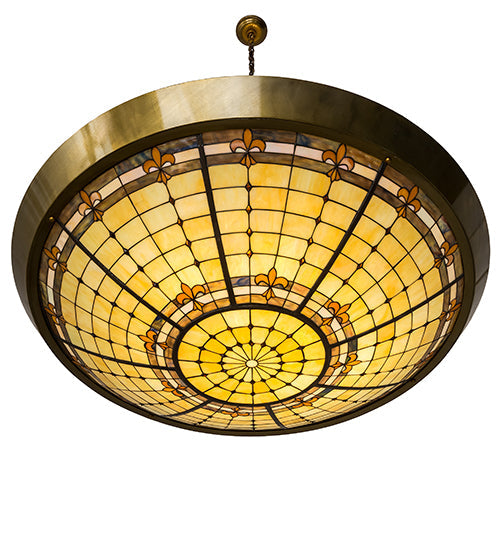 Meyda Lighting Fleur-de-Lite 54" 10-Light Transparent Brass Inverted Pendant Light With Multi-Colored Shade Glass