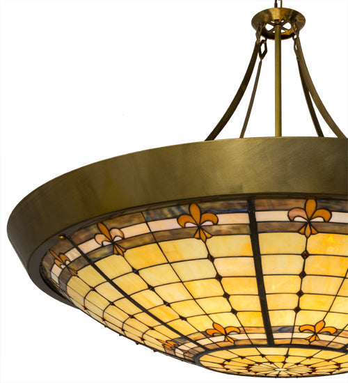 Meyda Lighting Fleur-de-Lite 54" 10-Light Transparent Brass Inverted Pendant Light With Multi-Colored Shade Glass