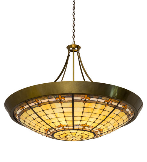 Meyda Lighting Fleur-de-Lite 54" 10-Light Transparent Brass Inverted Pendant Light With Multi-Colored Shade Glass