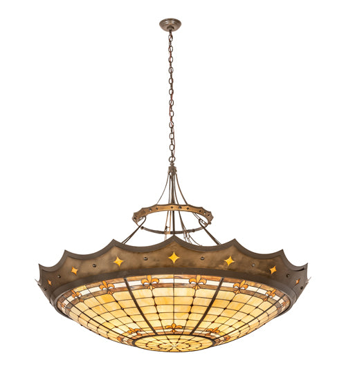 Meyda Lighting Fleur-de-Lite 57" 10-Light Antique Copper & Timeless Bronze Inverted Pendant Light With Multi-Colored Shade Glass