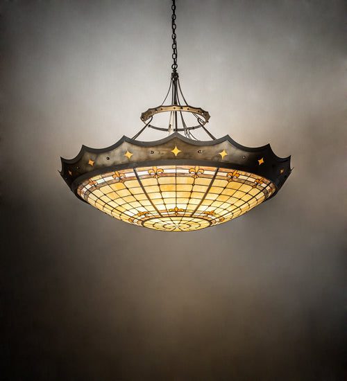 Meyda Lighting Fleur-de-Lite 57" 10-Light Antique Copper & Timeless Bronze Inverted Pendant Light With Multi-Colored Shade Glass