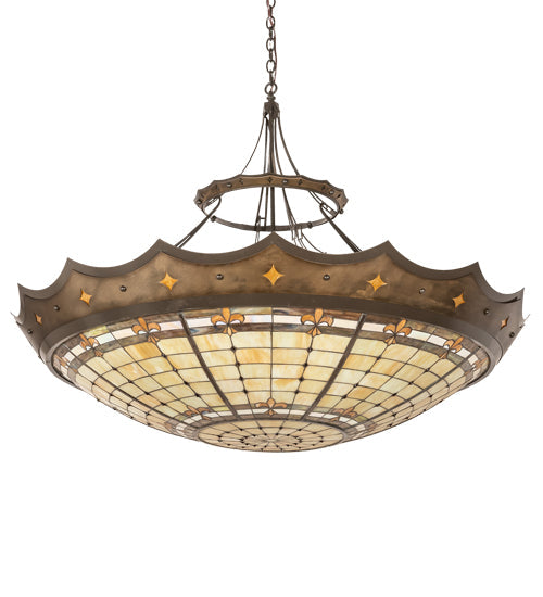 Meyda Lighting Fleur-de-Lite 57" 10-Light Antique Copper & Timeless Bronze Inverted Pendant Light With Multi-Colored Shade Glass