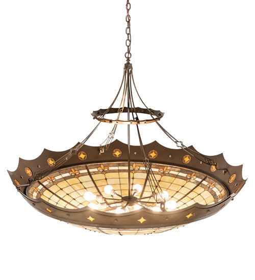 Meyda Lighting Fleur-de-Lite 57" 10-Light Antique Copper & Timeless Bronze Inverted Pendant Light With Multi-Colored Shade Glass