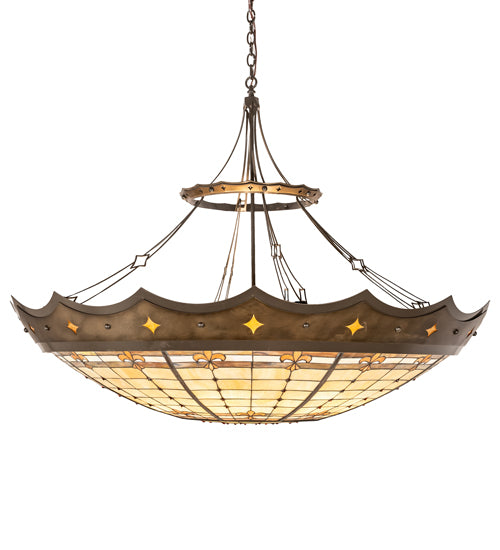 Meyda Lighting Fleur-de-Lite 57" 10-Light Antique Copper & Timeless Bronze Inverted Pendant Light With Multi-Colored Shade Glass