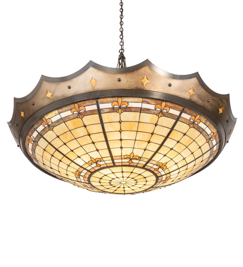 Meyda Lighting Fleur-de-Lite 57" 10-Light Antique Copper & Timeless Bronze Inverted Pendant Light With Multi-Colored Shade Glass