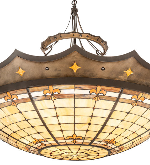 Meyda Lighting Fleur-de-Lite 57" 10-Light Antique Copper & Timeless Bronze Inverted Pendant Light With Multi-Colored Shade Glass
