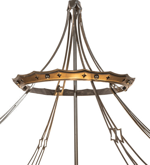 Meyda Lighting Fleur-de-Lite 57" 10-Light Antique Copper & Timeless Bronze Inverted Pendant Light With Multi-Colored Shade Glass