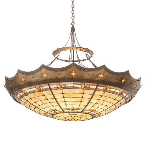 Meyda Lighting Fleur-de-Lite 57" 10-Light Antique Copper & Timeless Bronze Inverted Pendant Light With Multi-Colored Shade Glass