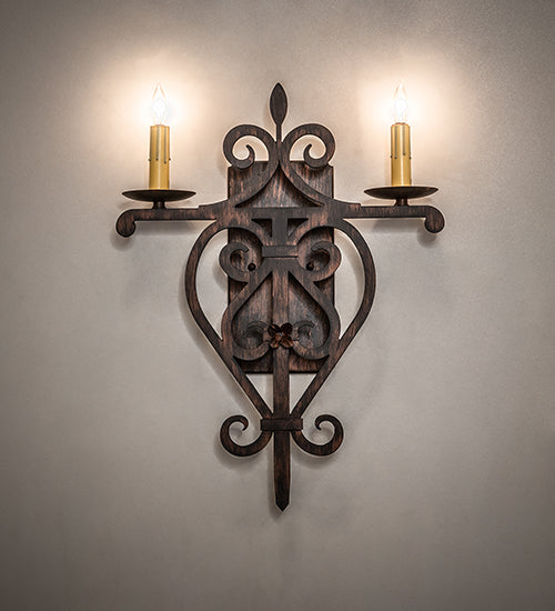 Meyda Lighting Fleur de Lys 15" 2-Light Cimarron Bronze Wall Sconce With Ivory Faux Candlelight