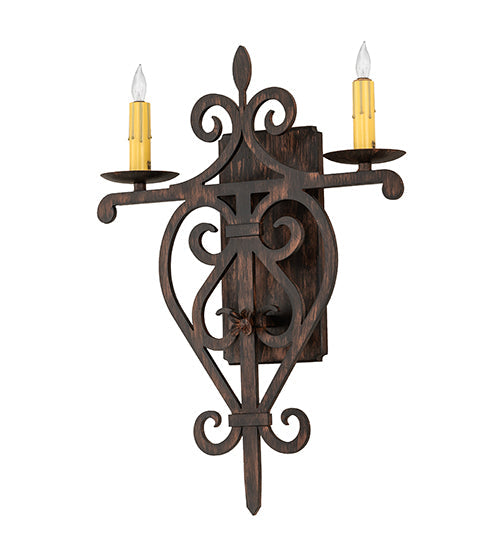 Meyda Lighting Fleur de Lys 15" 2-Light Cimarron Bronze Wall Sconce With Ivory Faux Candlelight