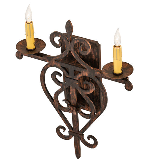 Meyda Lighting Fleur de Lys 15" 2-Light Cimarron Bronze Wall Sconce With Ivory Faux Candlelight