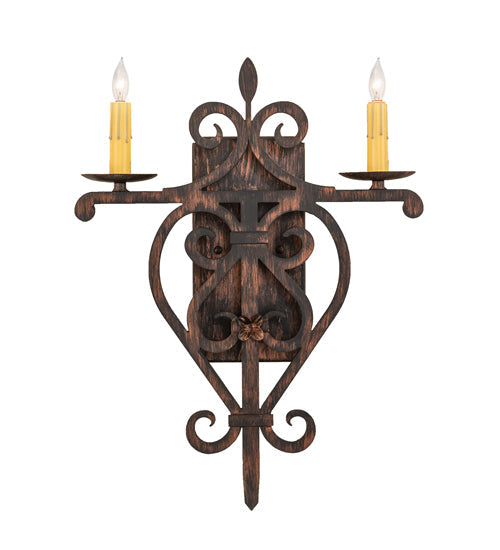 Meyda Lighting Fleur de Lys 15" 2-Light Cimarron Bronze Wall Sconce With Ivory Faux Candlelight