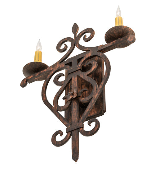 Meyda Lighting Fleur de Lys 15" 2-Light Cimarron Bronze Wall Sconce With Ivory Faux Candlelight