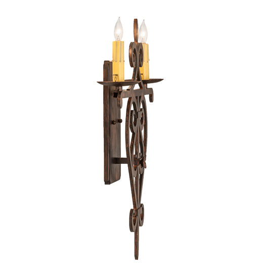 Meyda Lighting Fleur de Lys 15" 2-Light Cimarron Bronze Wall Sconce With Ivory Faux Candlelight