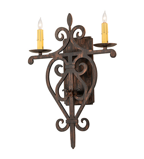 Meyda Lighting Fleur de Lys 15" 2-Light Cimarron Bronze Wall Sconce With Ivory Faux Candlelight