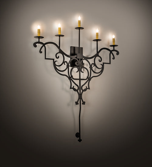 Meyda Lighting Fleur de Lys 36" 5-Light Old Wrought Iron Wall Sconce With Ivory Shade Glass