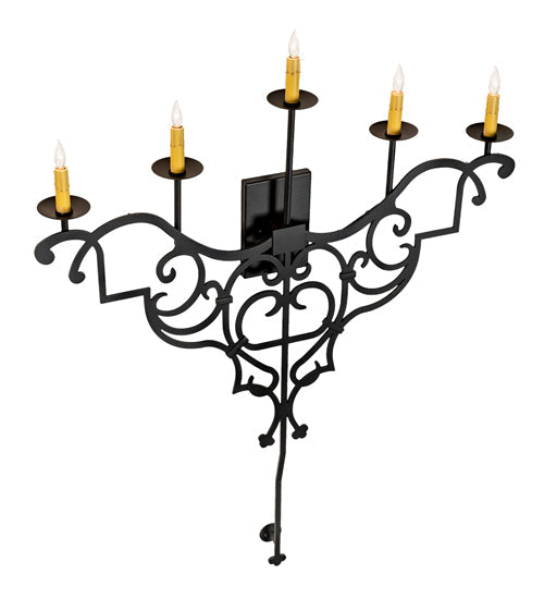 Meyda Lighting Fleur de Lys 36" 5-Light Old Wrought Iron Wall Sconce With Ivory Shade Glass