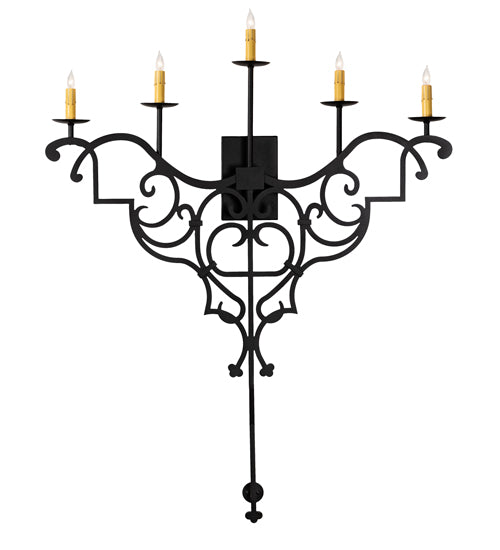 Meyda Lighting Fleur de Lys 36" 5-Light Old Wrought Iron Wall Sconce With Ivory Shade Glass
