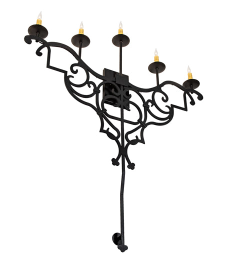 Meyda Lighting Fleur de Lys 36" 5-Light Old Wrought Iron Wall Sconce With Ivory Shade Glass
