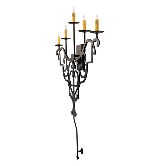 Meyda Lighting Fleur de Lys 36" 5-Light Old Wrought Iron Wall Sconce With Ivory Shade Glass