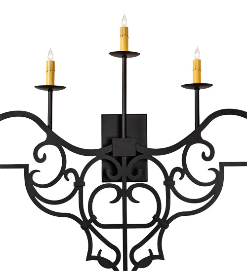 Meyda Lighting Fleur de Lys 36" 5-Light Old Wrought Iron Wall Sconce With Ivory Shade Glass