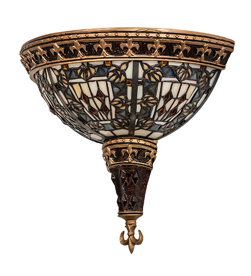 Meyda Lighting Fleur-de-lis 13" 2-Light Mahogany Bronze & Gold Highlight Wall Sconce With Multi-Colored Stained Shade Glass