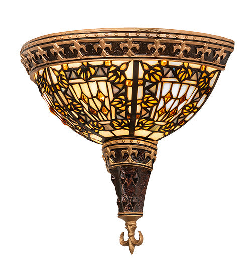 Meyda Lighting Fleur-de-lis 13" 2-Light Mahogany Bronze & Gold Highlight Wall Sconce With Multi-Colored Stained Shade Glass