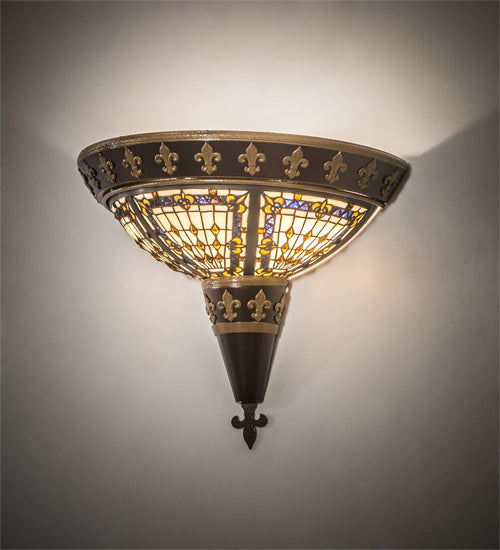 Meyda Lighting Fleur-de-lis 18" 2-Light Copper Vein & Gold Wall Sconce With Multi-Colored Shade Glass