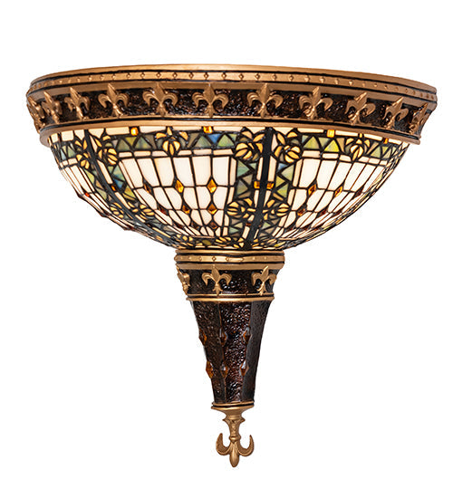 Meyda Lighting Fleur-de-lis 18" 2-Light Mahogany Bronze & Gold Highlight Wall Sconce With Multi-Colored Stained Shade Glass