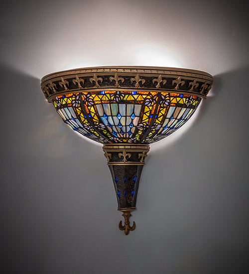 Meyda Lighting Fleur-de-lis 18" 2-Light Mahogany Bronze Wall Sconce With Multi-Colored Stained Shade Glass