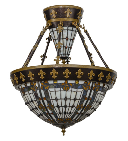 Meyda Lighting Fleur-de-lis 19" 6-Light Copper Vein & Gold Semi-flush Mount Ceiling Light With Multi-Colored Shade Glass