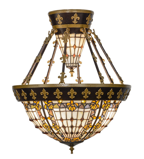 Meyda Lighting Fleur-de-lis 19" 6-Light Copper Vein & Gold Semi-flush Mount Ceiling Light With Multi-Colored Shade Glass