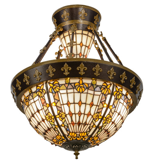 Meyda Lighting Fleur-de-lis 19" 6-Light Copper Vein & Gold Semi-flush Mount Ceiling Light With Multi-Colored Shade Glass