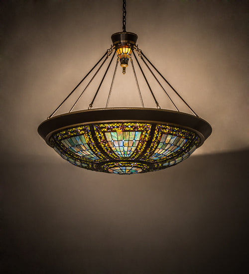 Meyda Lighting Fleur-de-lis 190679 45" 10-Light Copper Vein & Gold Inverted Pendant Light With Multi-Colored Shade Glass