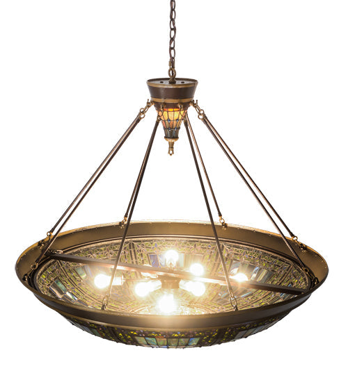 Meyda Lighting Fleur-de-lis 190679 45" 10-Light Copper Vein & Gold Inverted Pendant Light With Multi-Colored Shade Glass