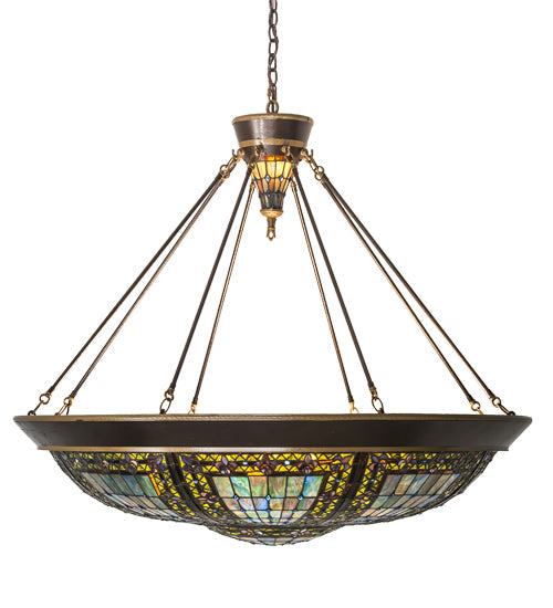 Meyda Lighting Fleur-de-lis 190679 45" 10-Light Copper Vein & Gold Inverted Pendant Light With Multi-Colored Shade Glass