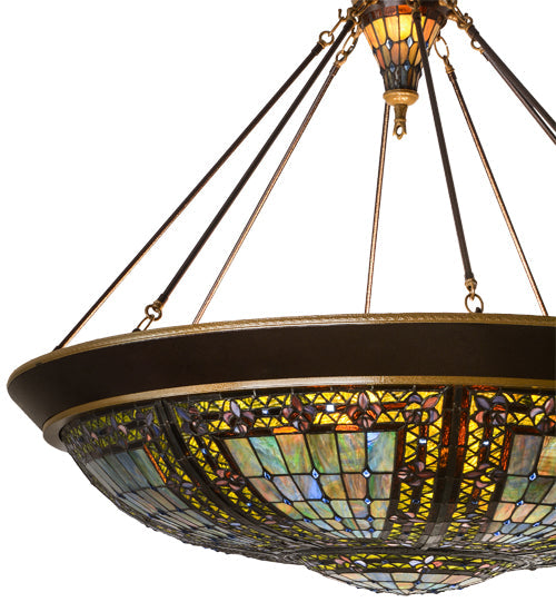 Meyda Lighting Fleur-de-lis 190679 45" 10-Light Copper Vein & Gold Inverted Pendant Light With Multi-Colored Shade Glass