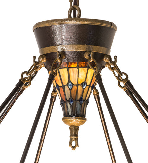 Meyda Lighting Fleur-de-lis 190679 45" 10-Light Copper Vein & Gold Inverted Pendant Light With Multi-Colored Shade Glass