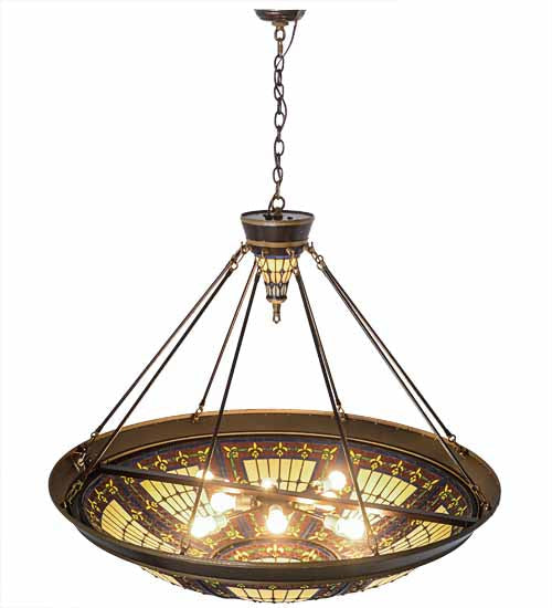 Meyda Lighting Fleur-de-lis 190767 45" 10-Light Copper Vein & Gold Inverted Pendant Light With Multi-Colored Shade Glass